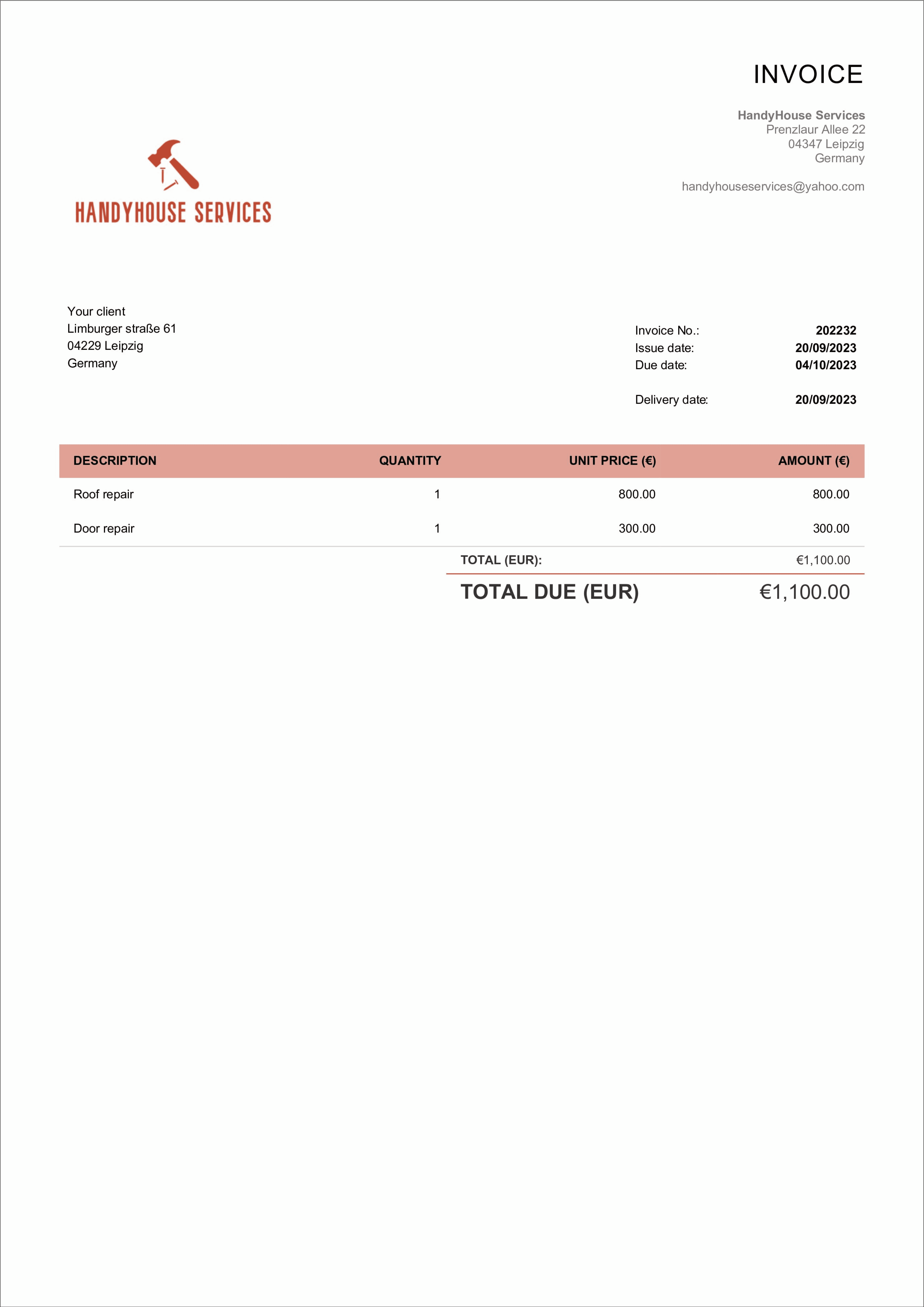 sample handyman service invoice template