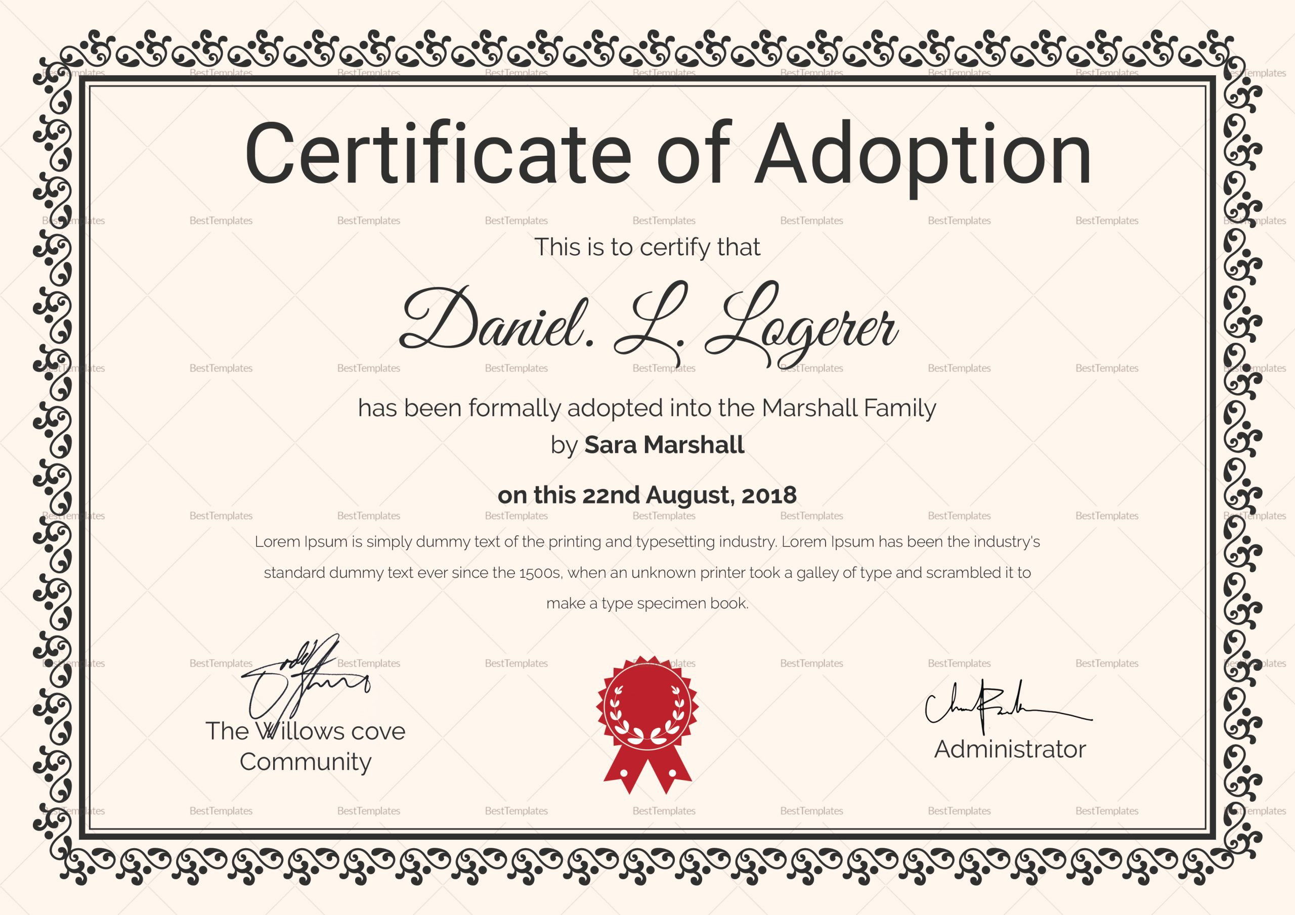 sample adoption certificate template