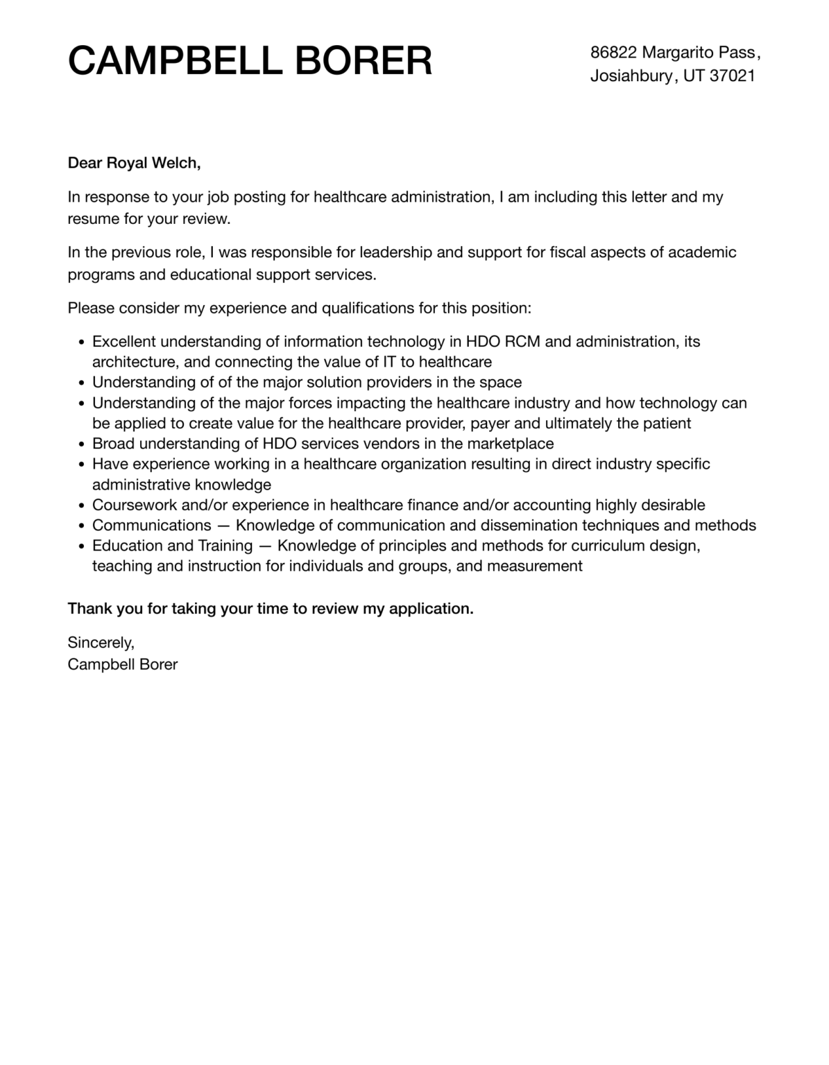 Healthcare Administration Cover Letter Template