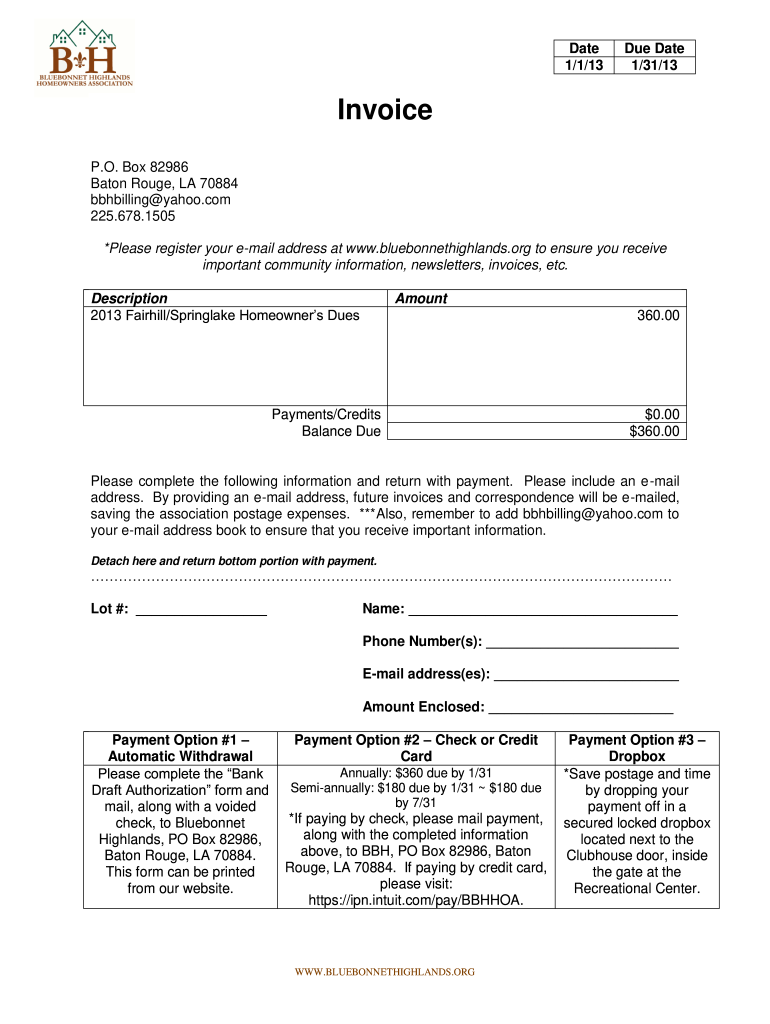 sample homeowners association dues invoice template