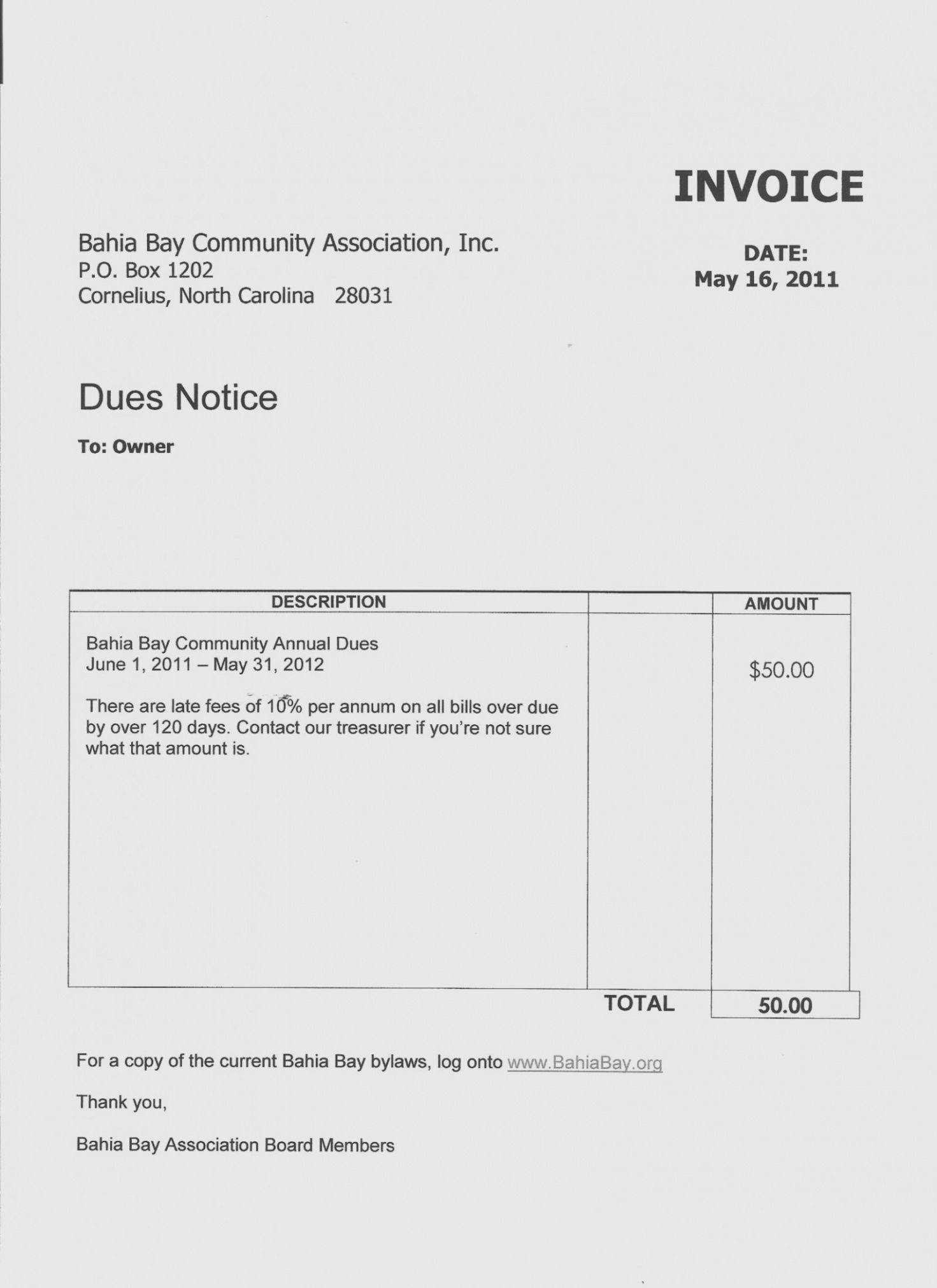 Printable Homeowners Association Dues Invoice Template