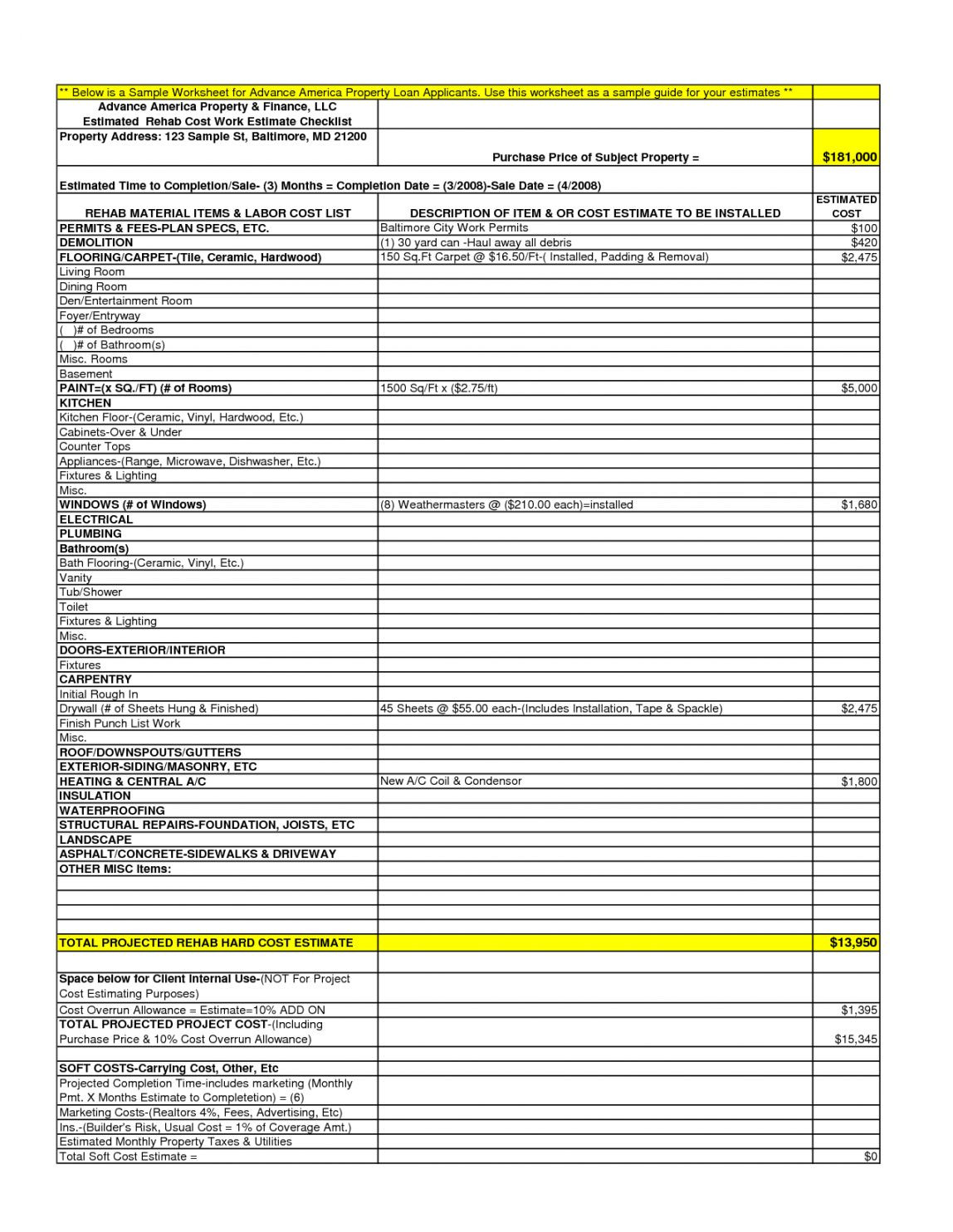 sample home renovation estimate template