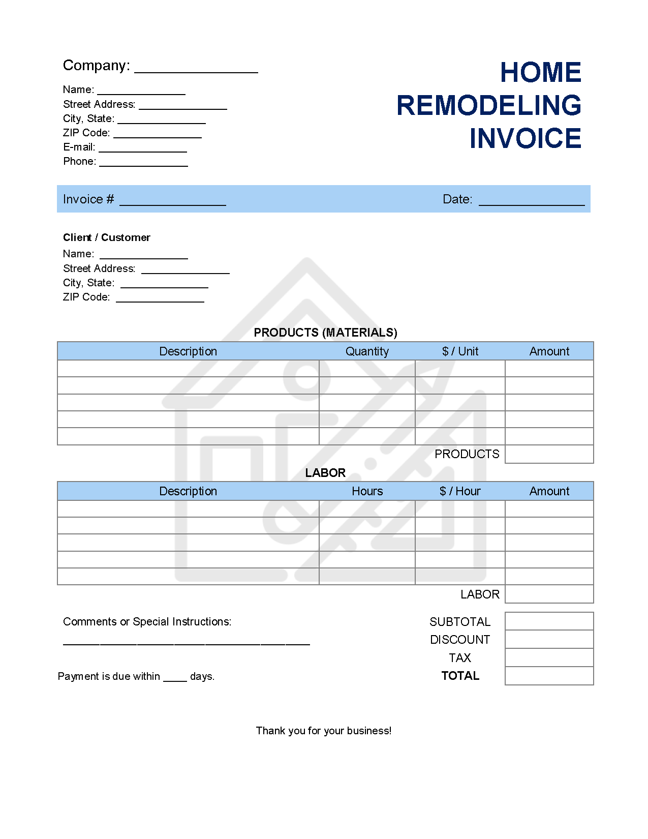 sample home remodeling invoice template