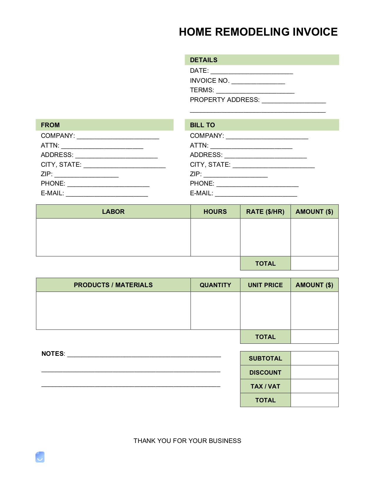 sample remodeling invoice template