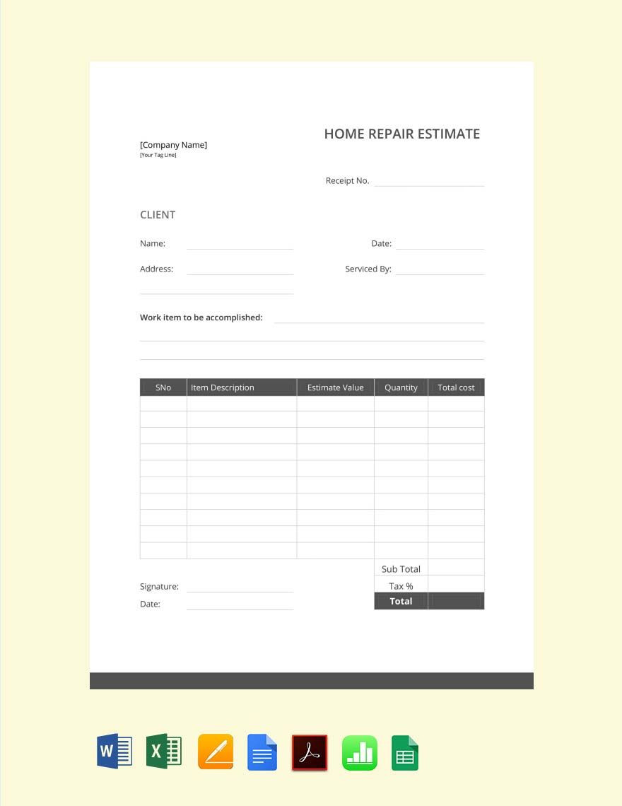 sample home repair estimate template