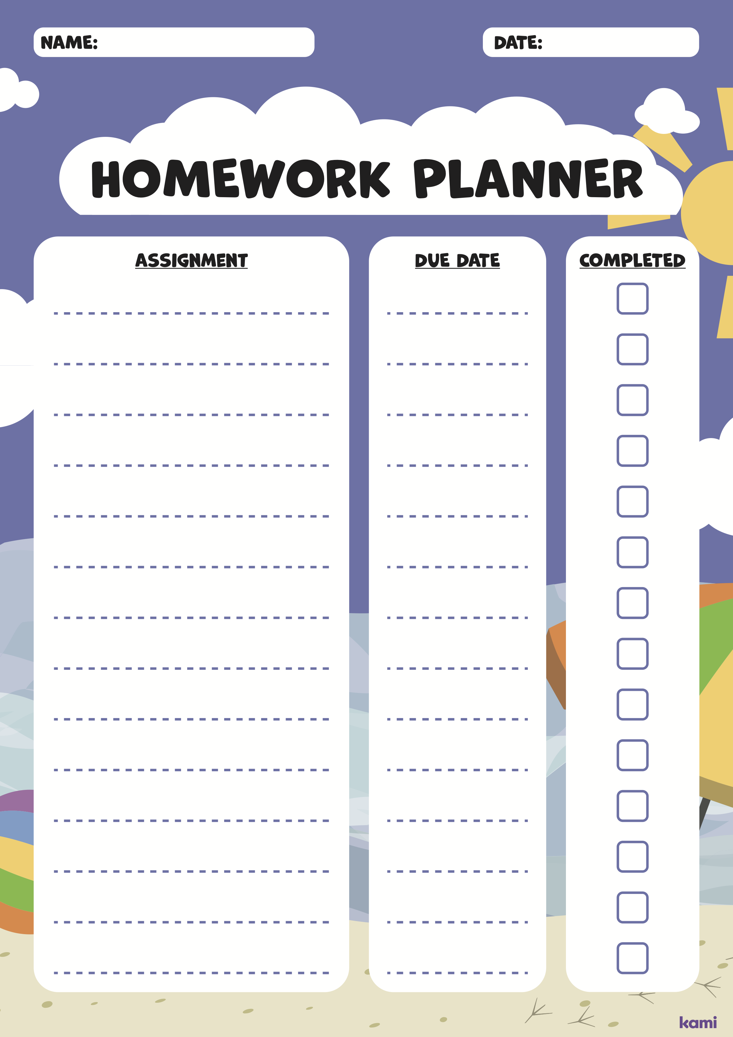 sample homework planner template