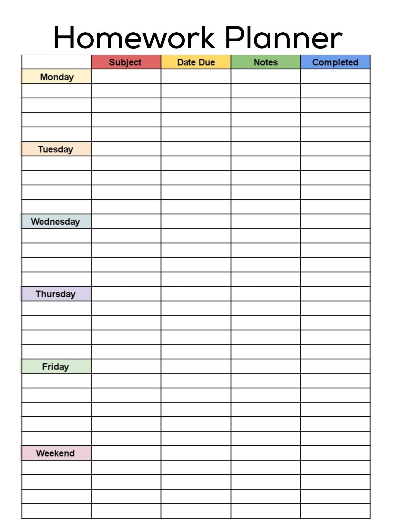 sample homework planner template