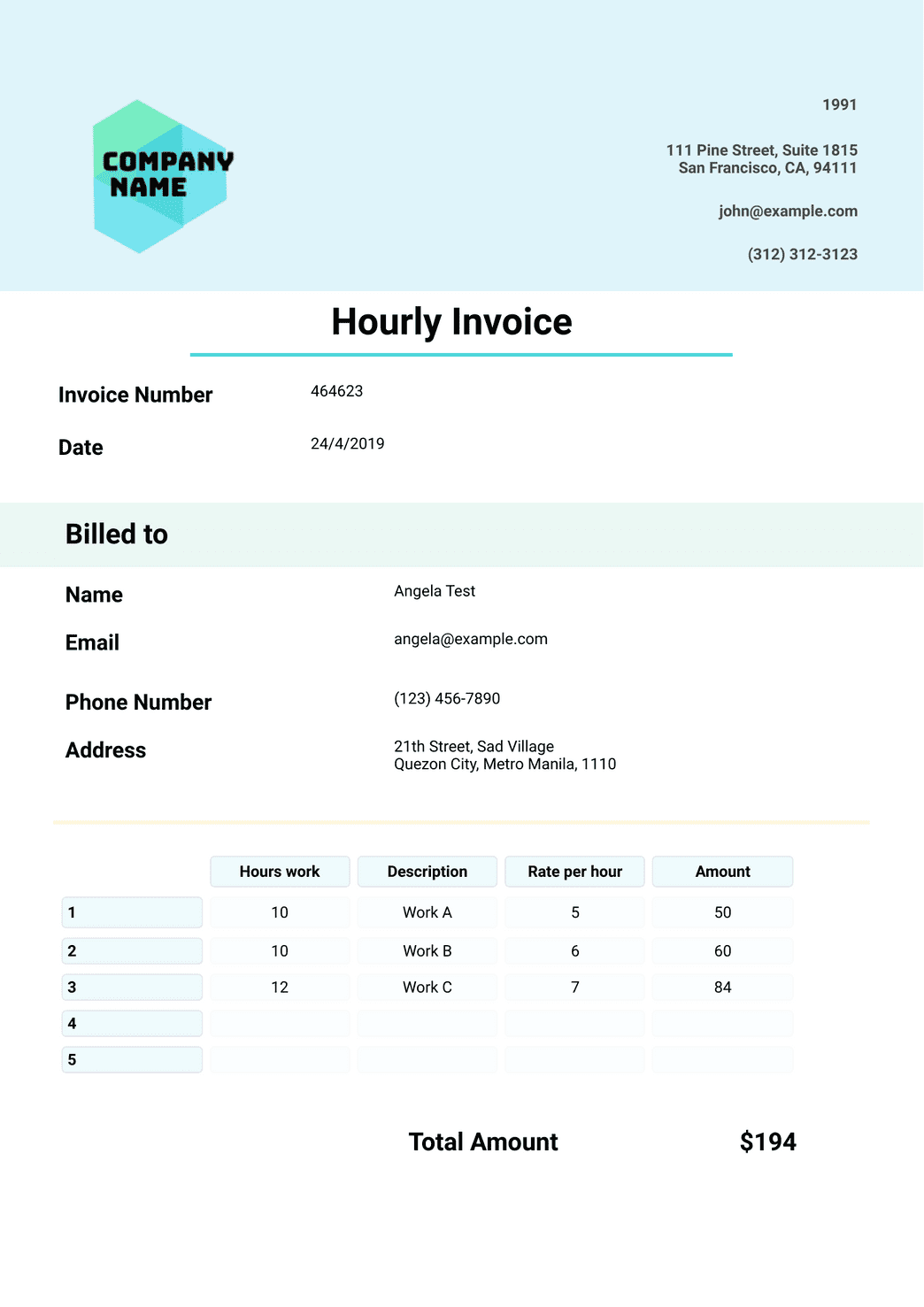 invoice for work hours template