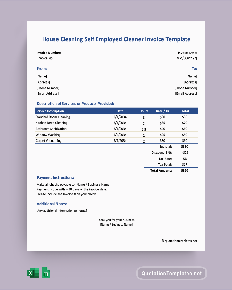 self employed cleaner invoice template