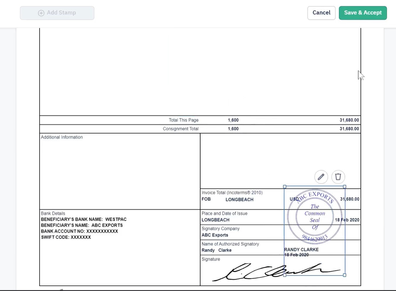 sample invoice with signature template