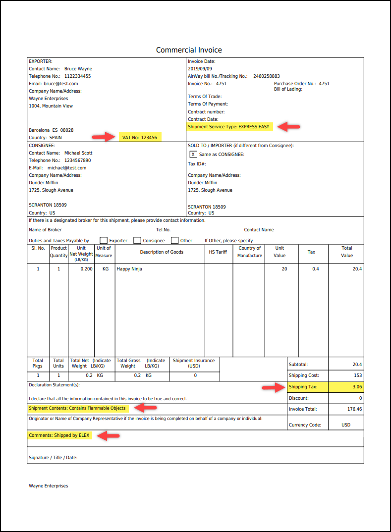 sample DHL commercial invoice template