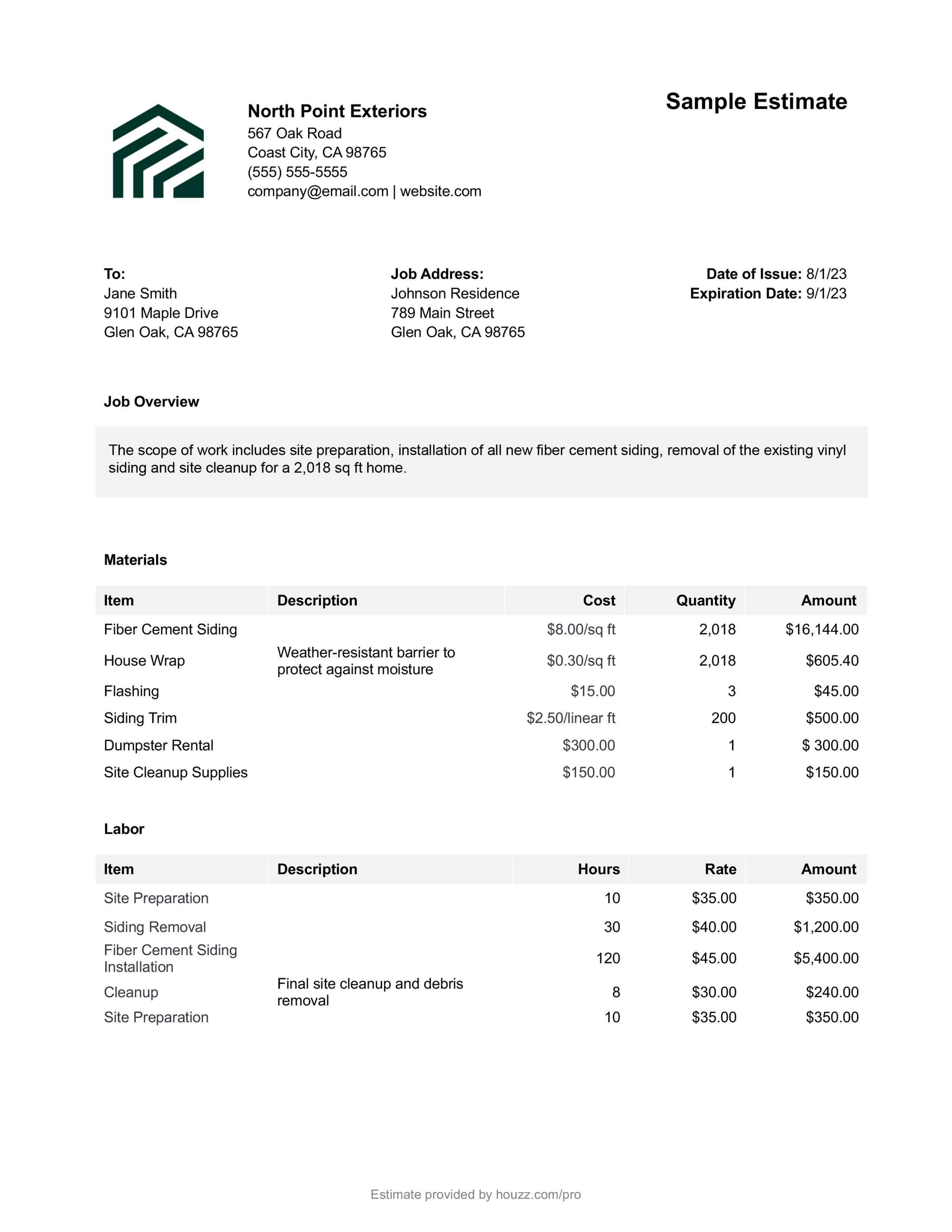 sample siding estimate template