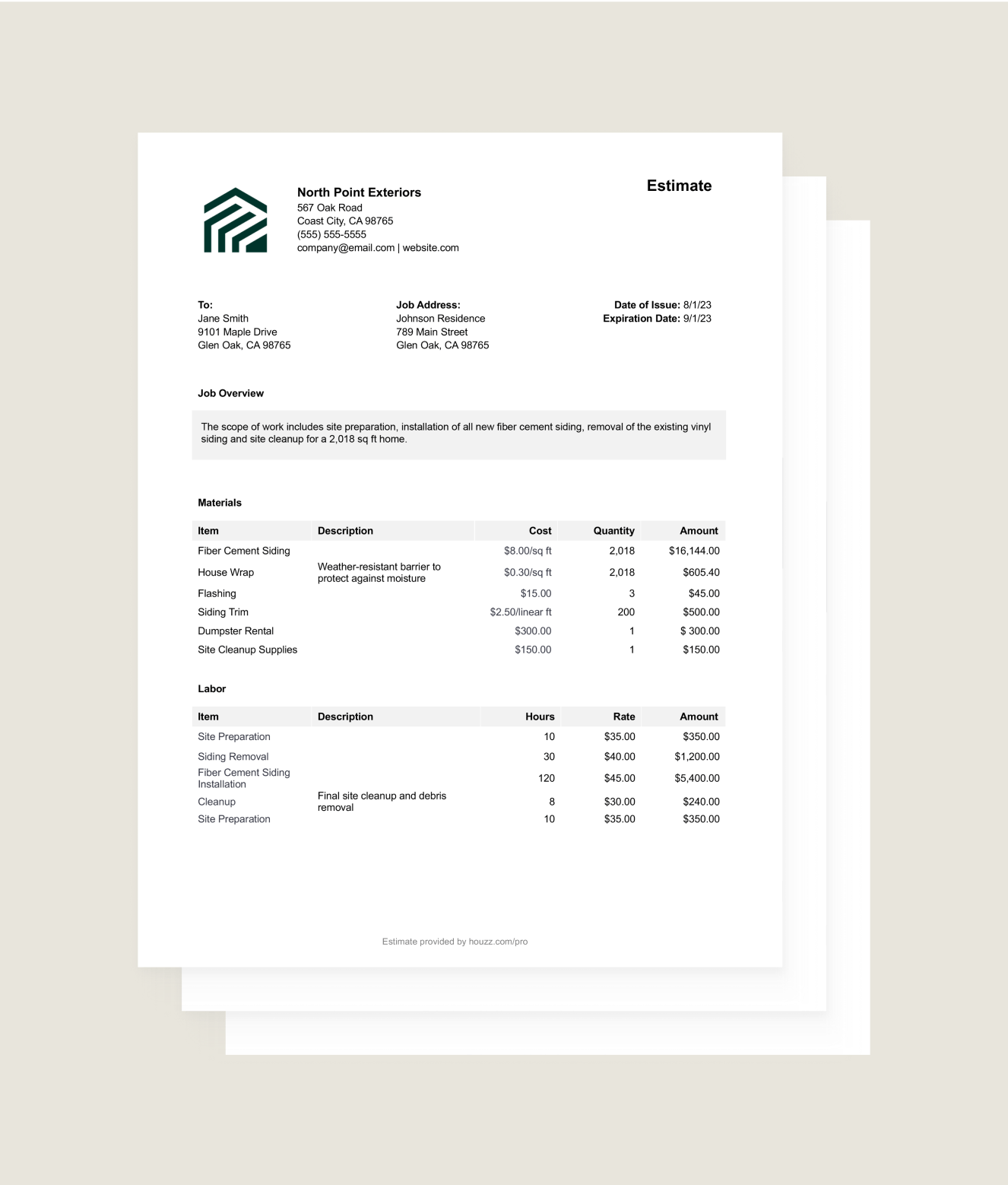 sample siding estimate template