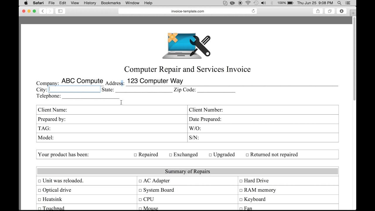 sample computer repair invoice template