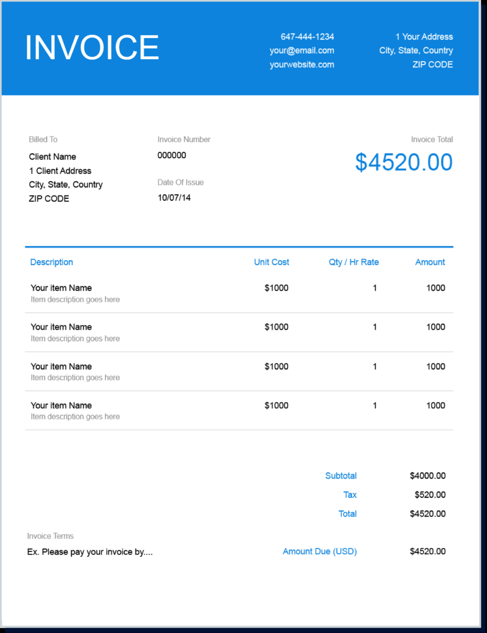 sample invoice with tax template