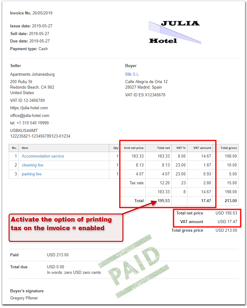 sample invoice with tax template