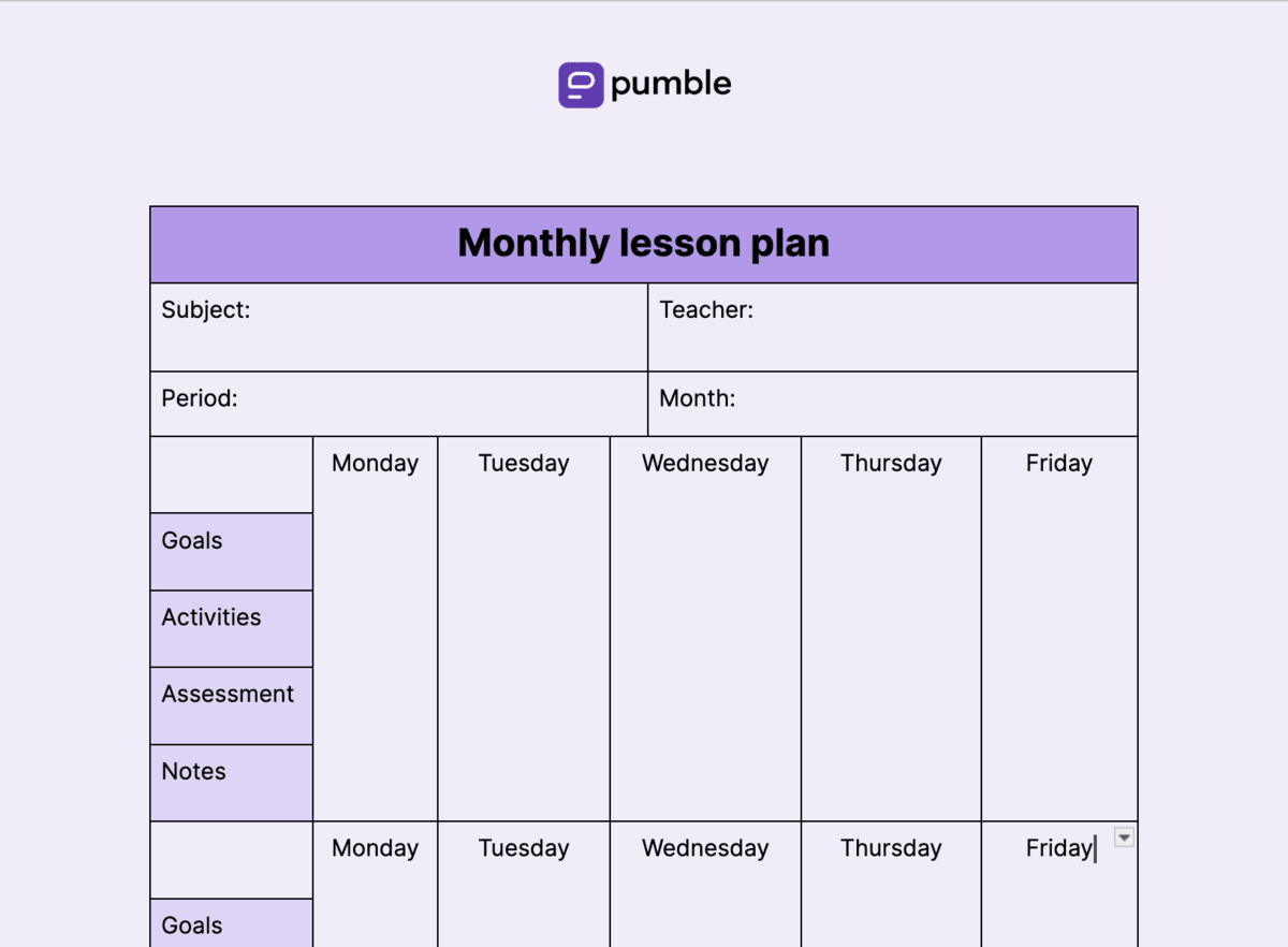 sample monthly lesson planner template