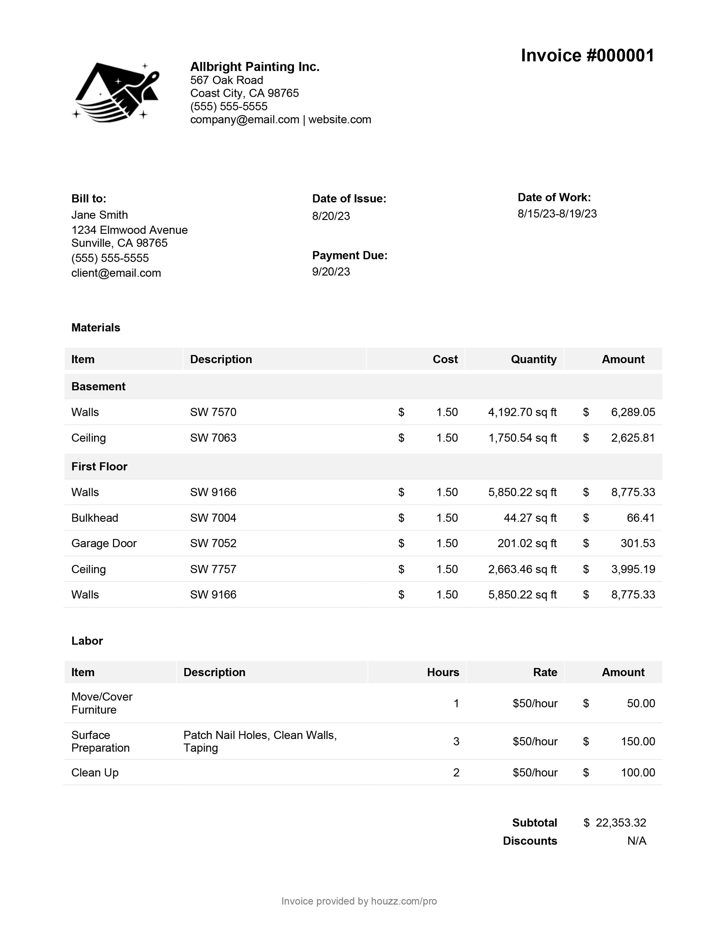 sample painting invoice template