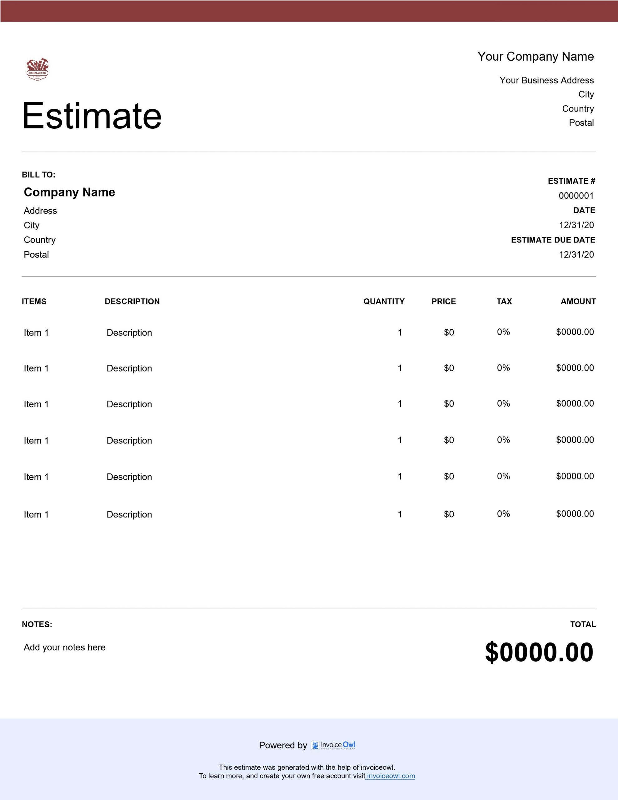 sample business estimate template