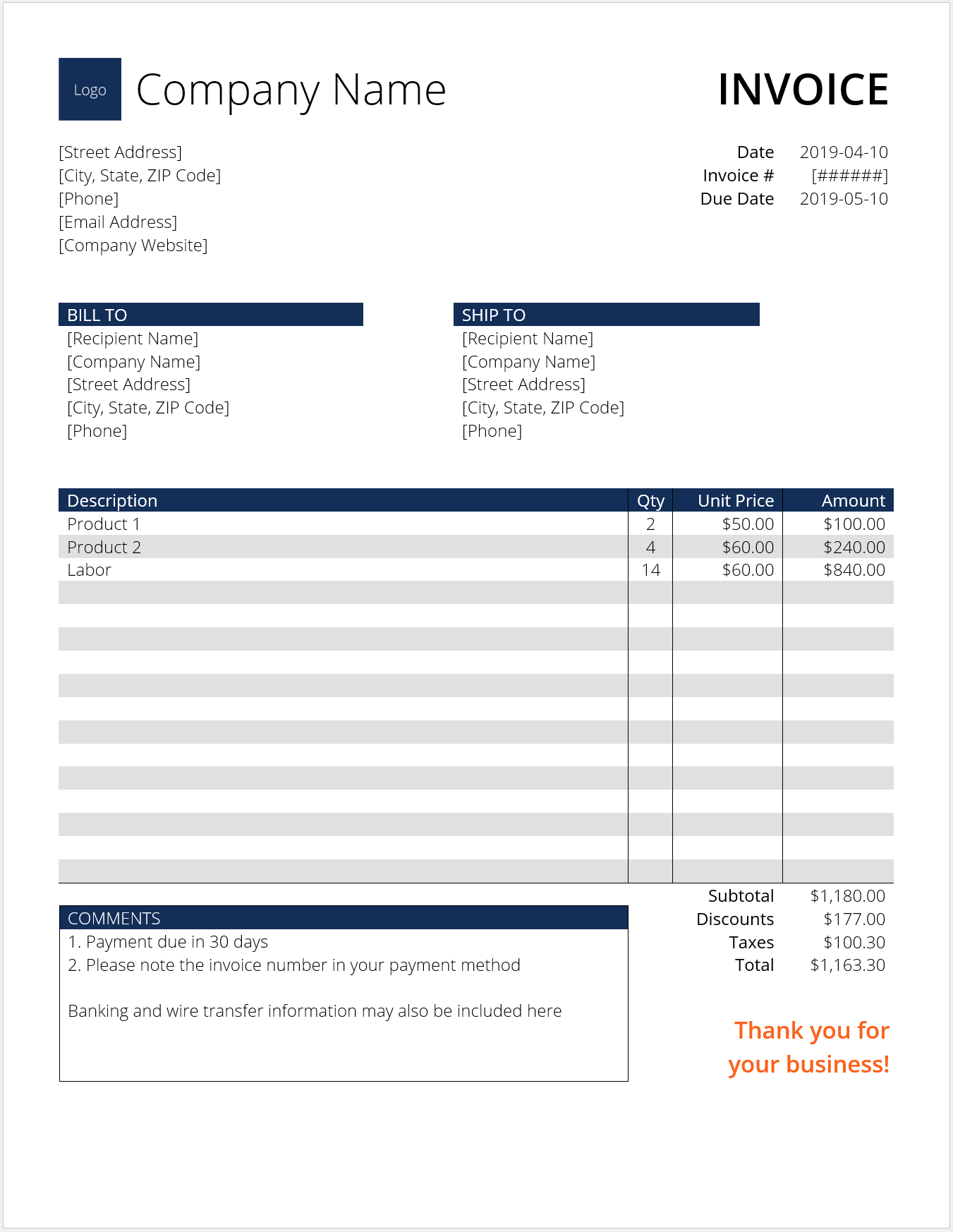 sample formal invoice template