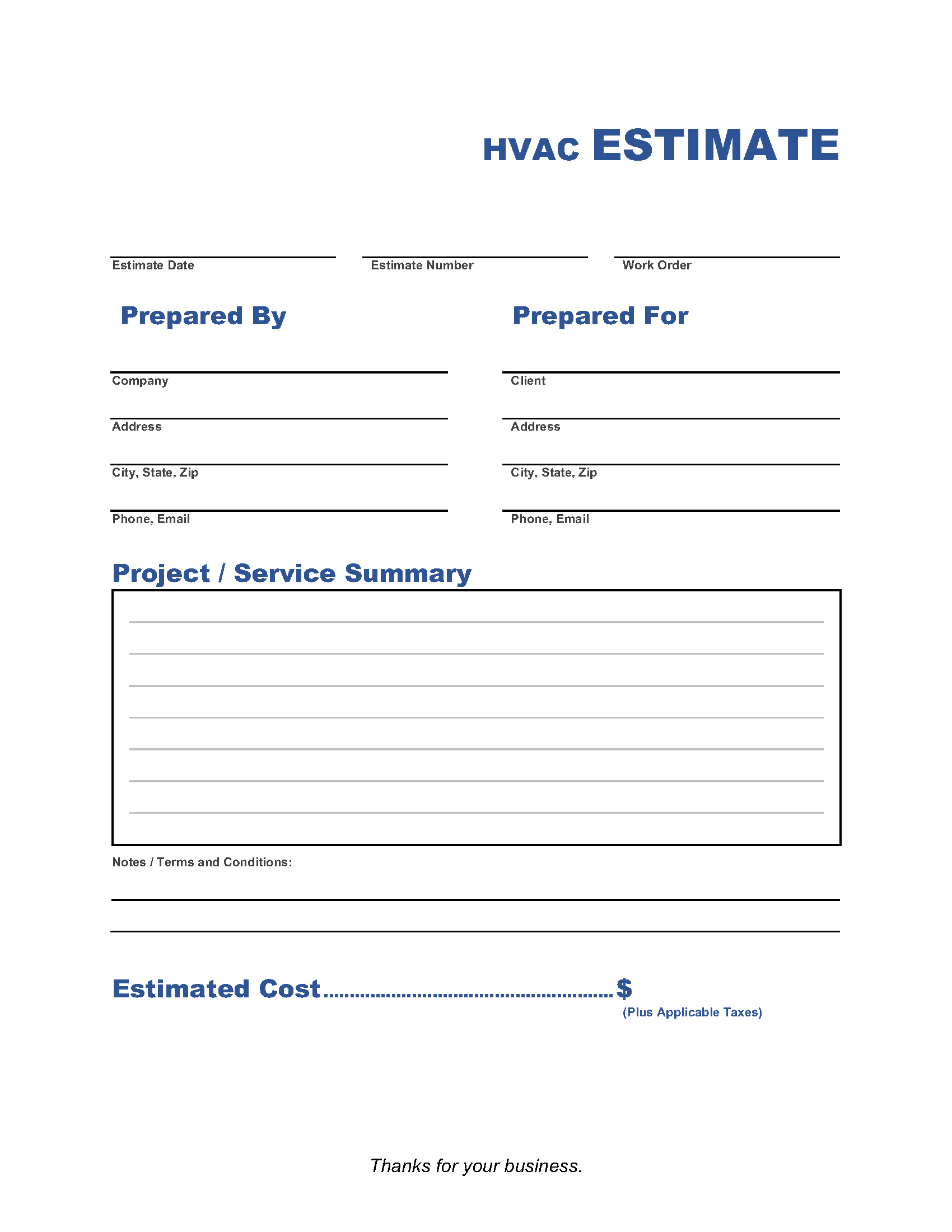 sample hvac estimate template