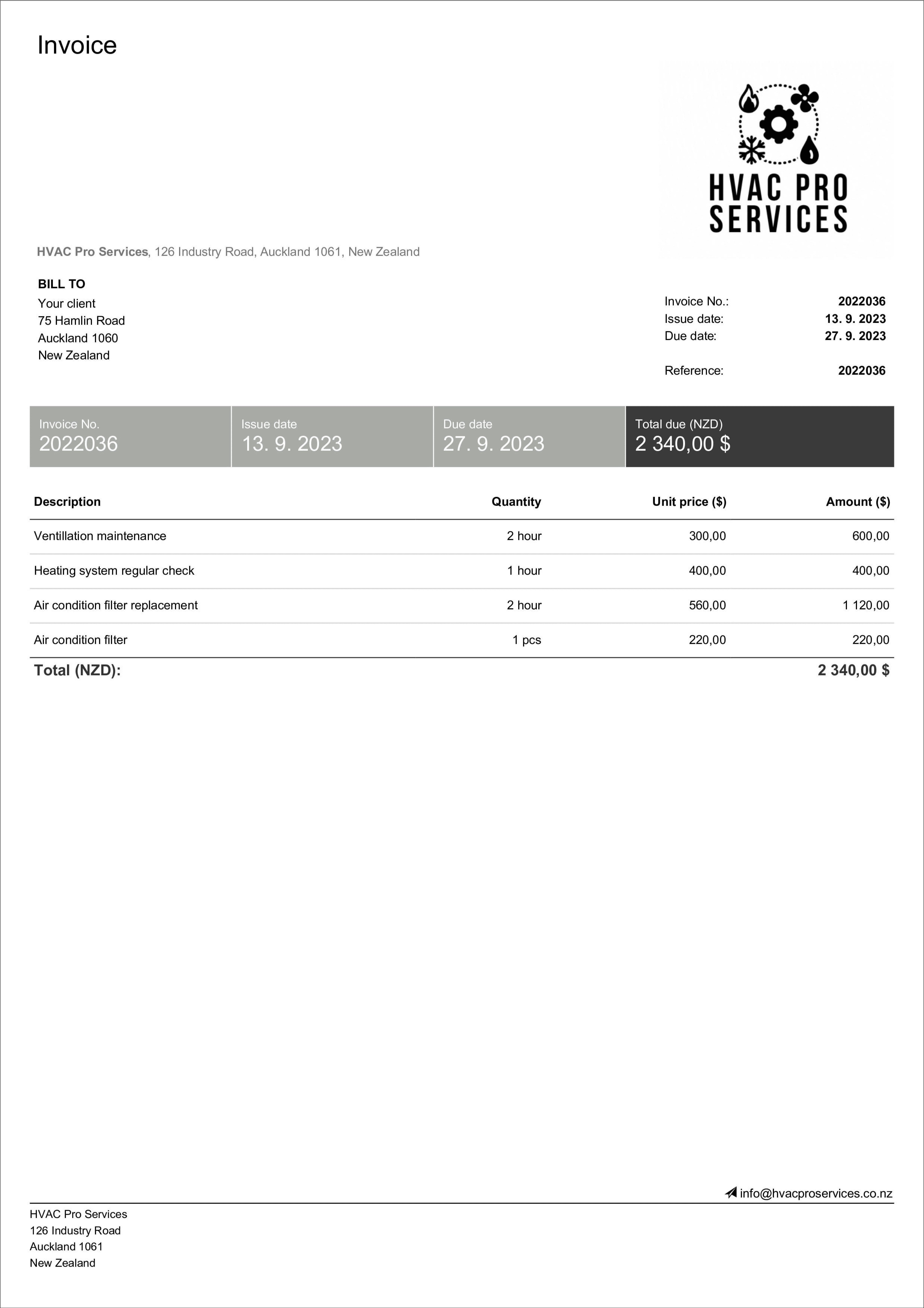 sample HVAC invoice template