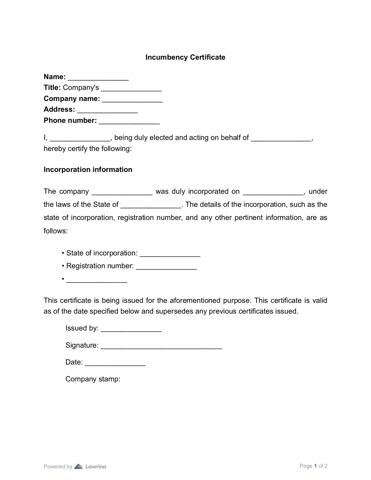 sample Incumbency Certificate template