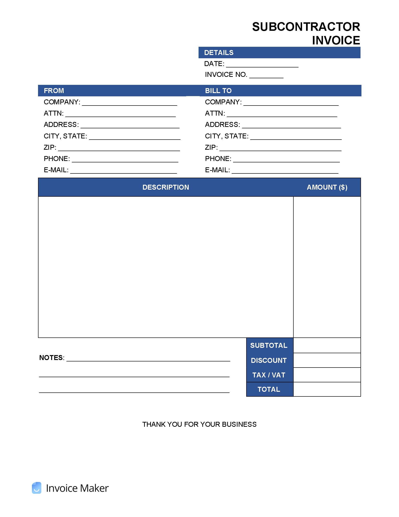 sample contractor invoice template