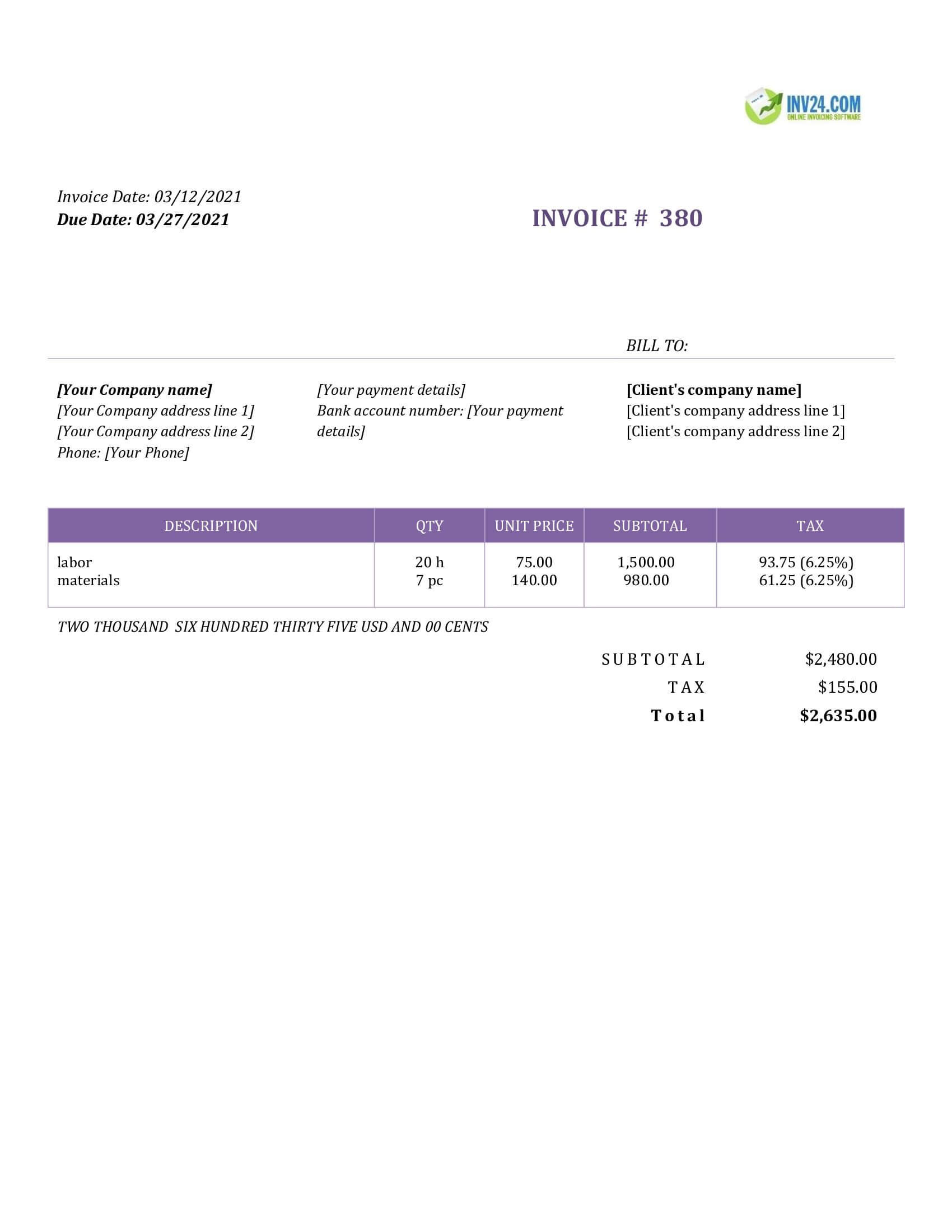 self employed contractor invoice template