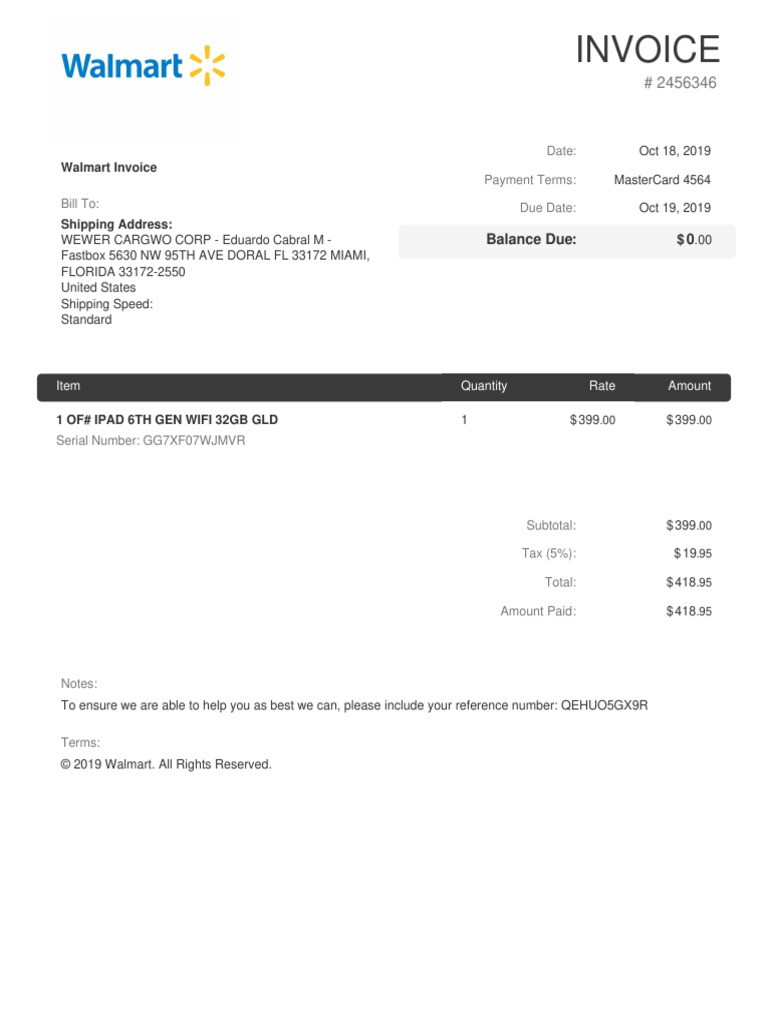 sample walmart invoice template