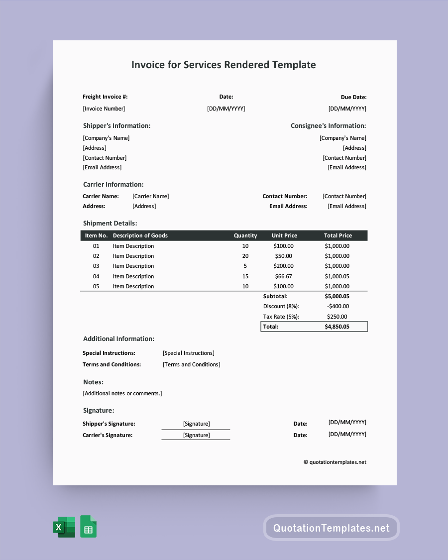 services rendered invoice template