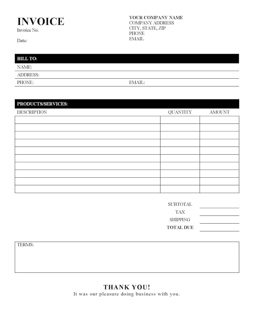 sample blank invoice for services template