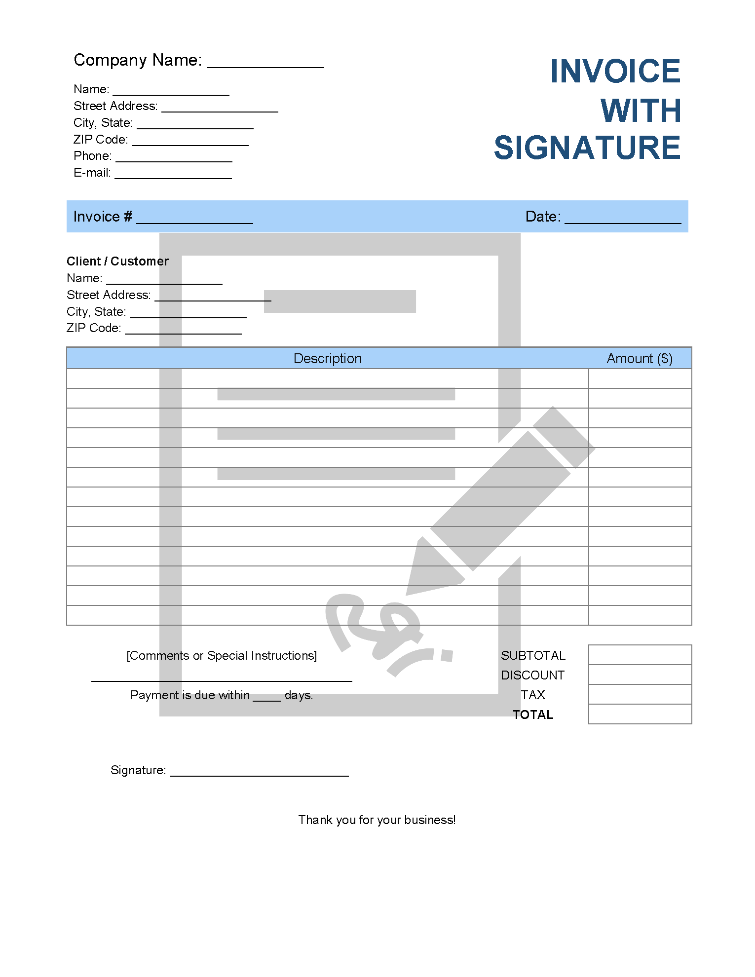 sample invoice with signature template