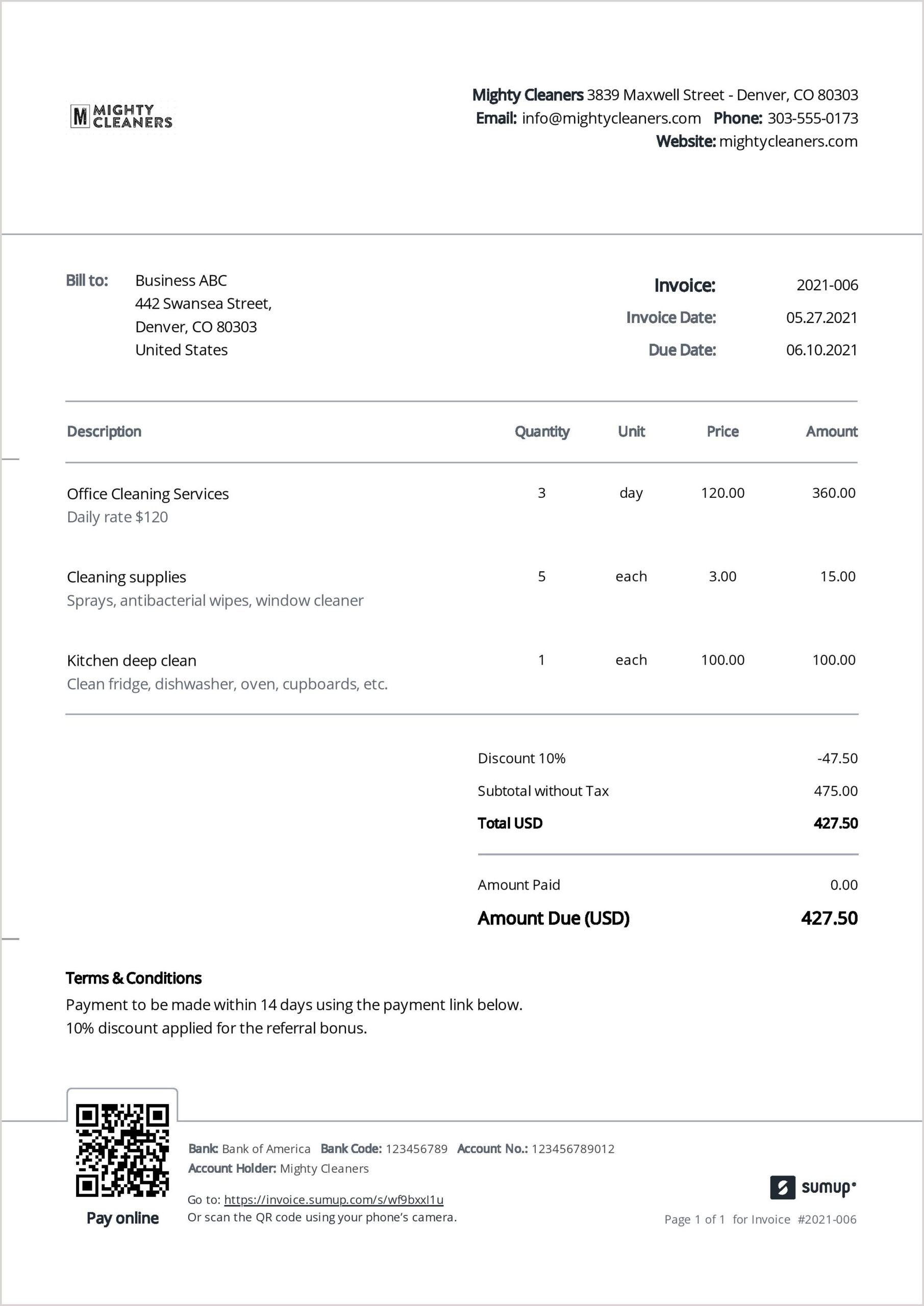 Printable Office Cleaning Invoice Template