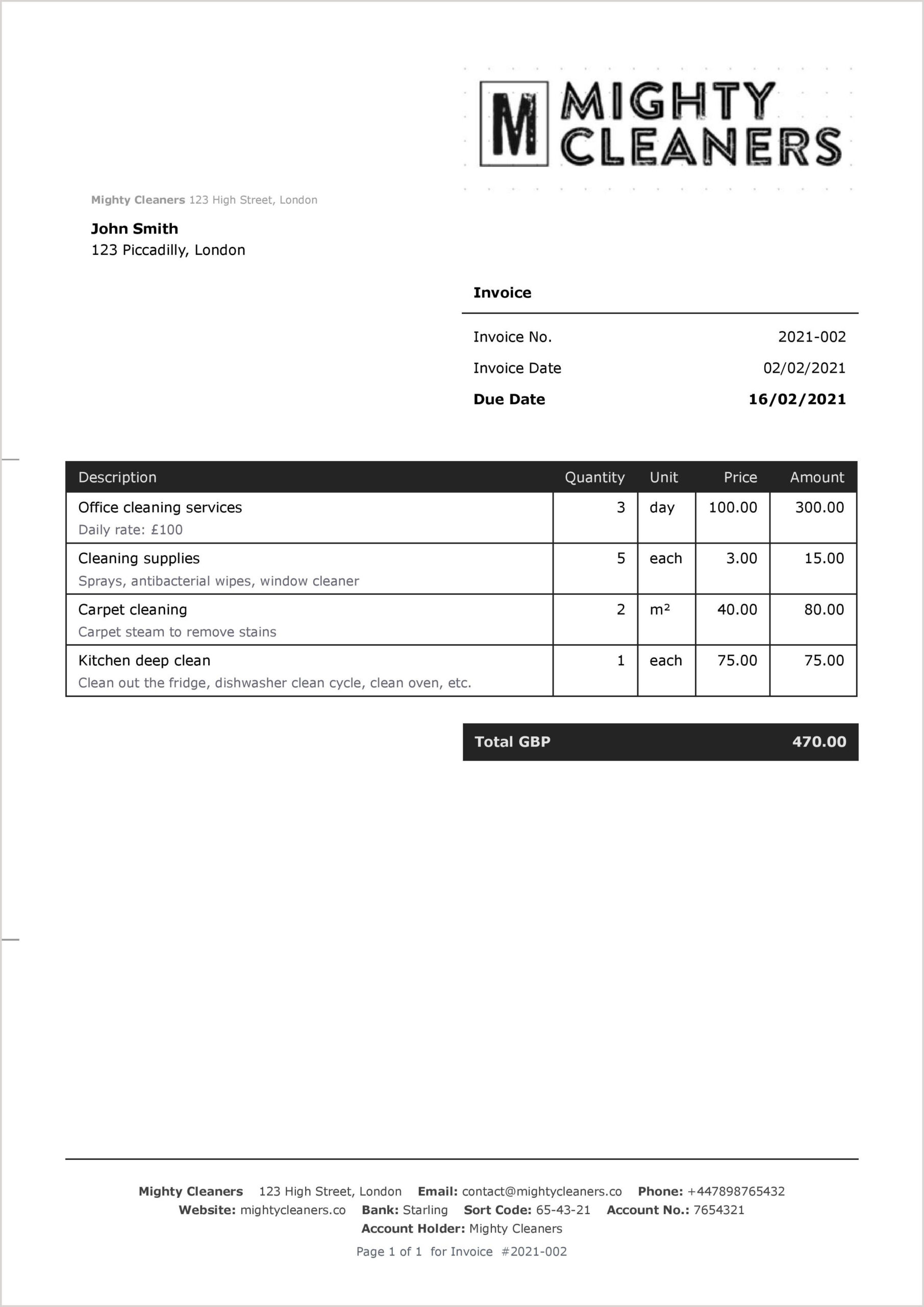 sample office cleaning invoice template