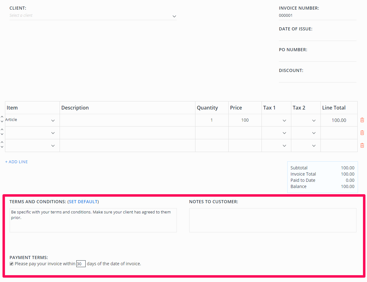 sample invoice with terms and conditions template