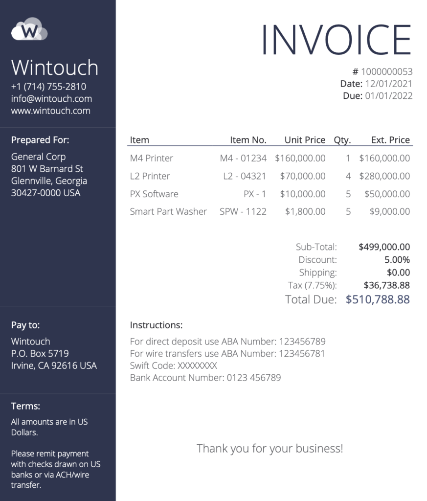 sample direct deposit invoice template