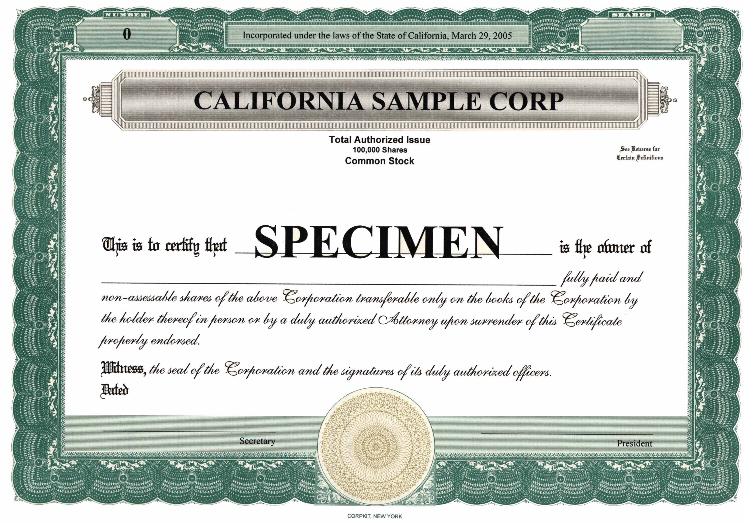 sample Corporation Share Certificate template