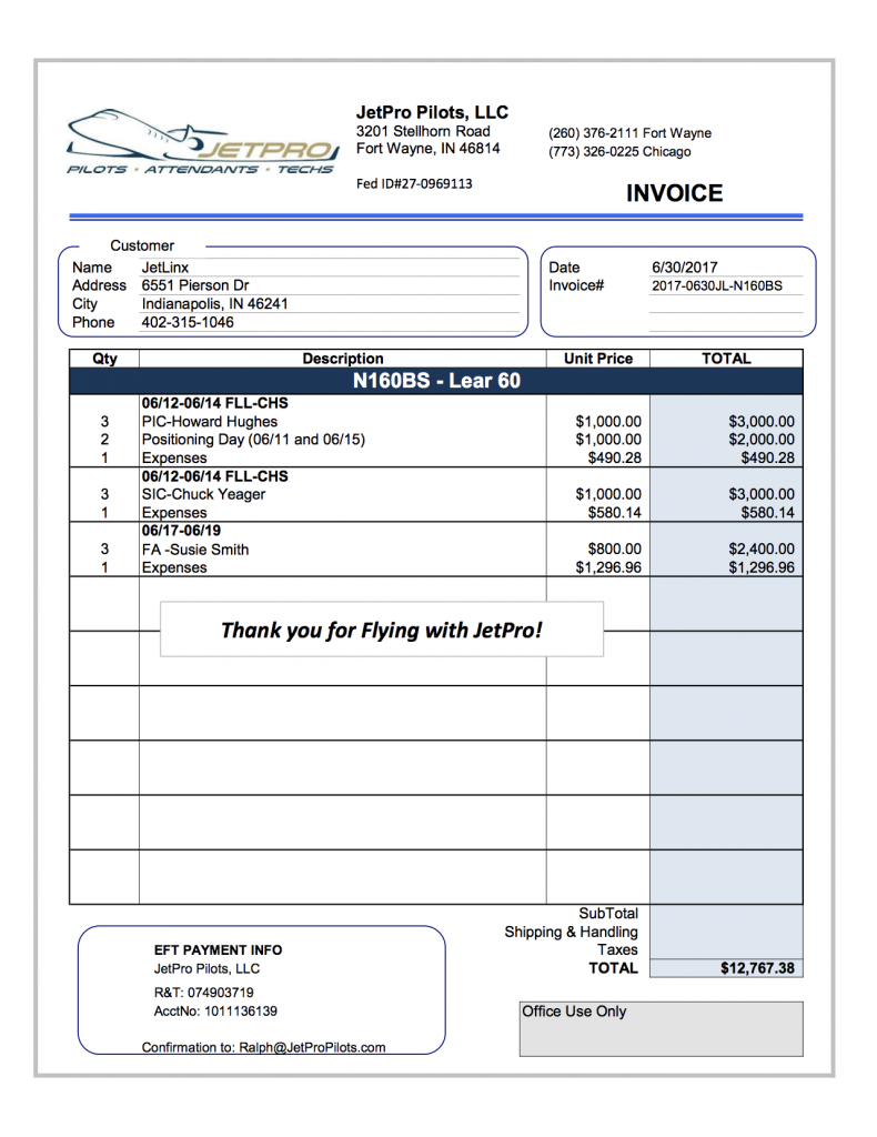 sample contract pilot invoice template