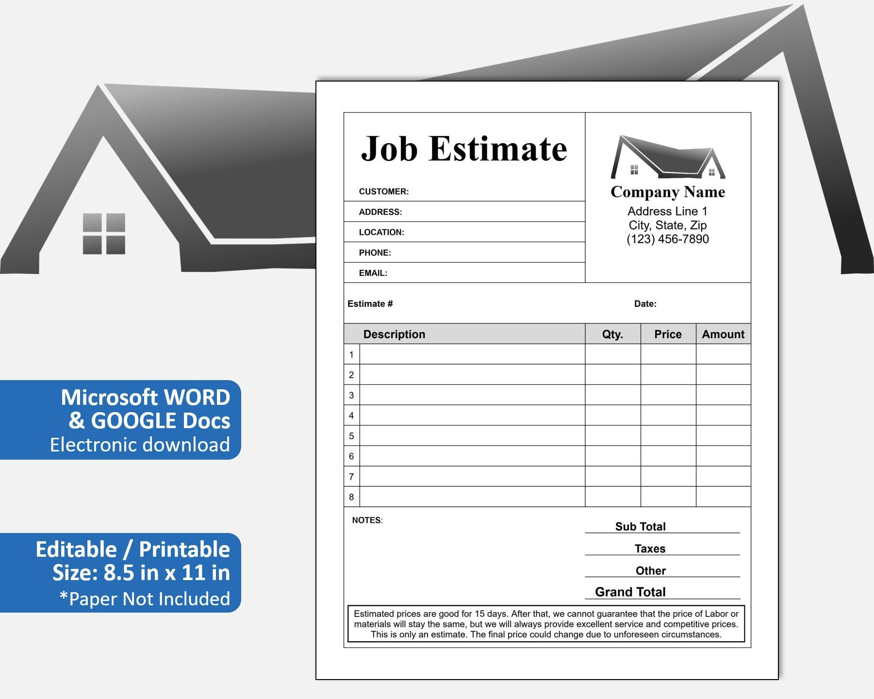 sample construction work estimate template