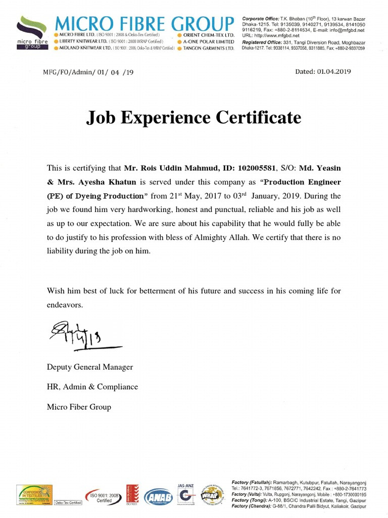 sample Work Experience Certificate template