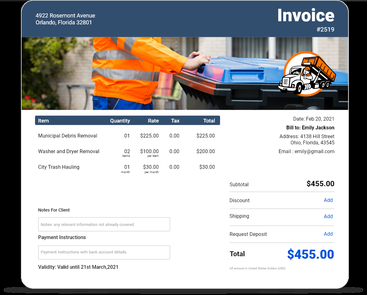 sample junk removal invoice template