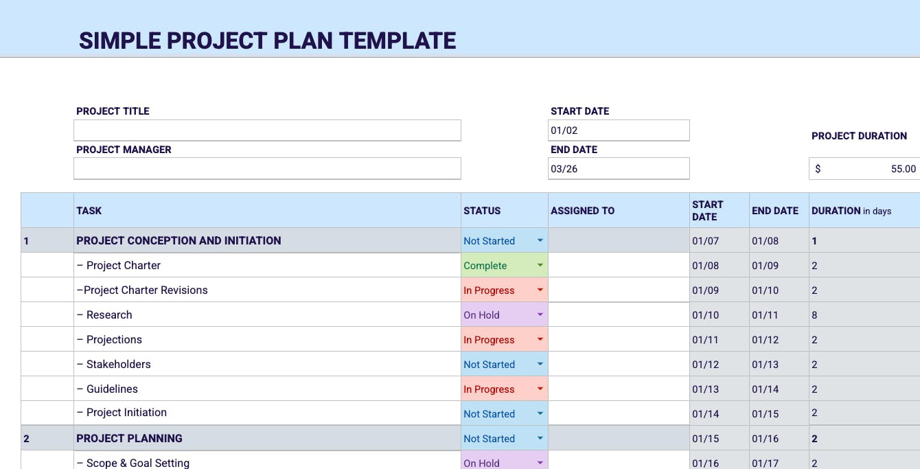 sample simple project planning template