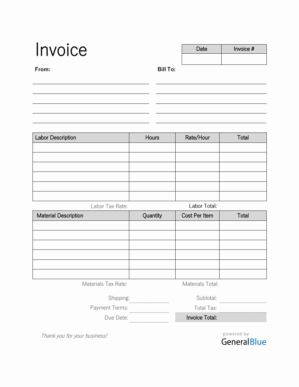 sample labor and materials invoice template