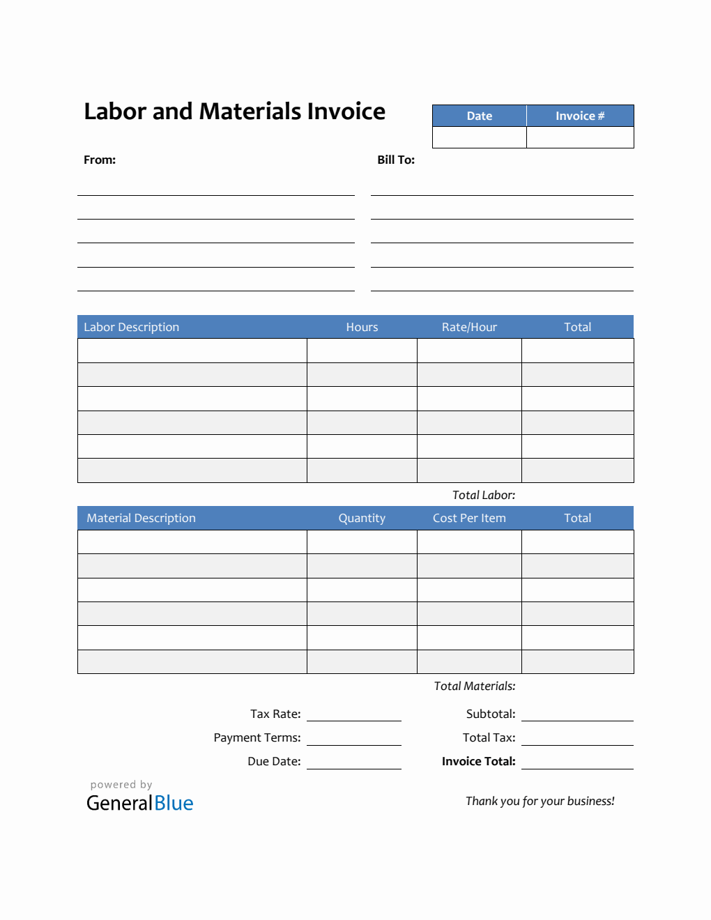 sample labor and materials invoice template