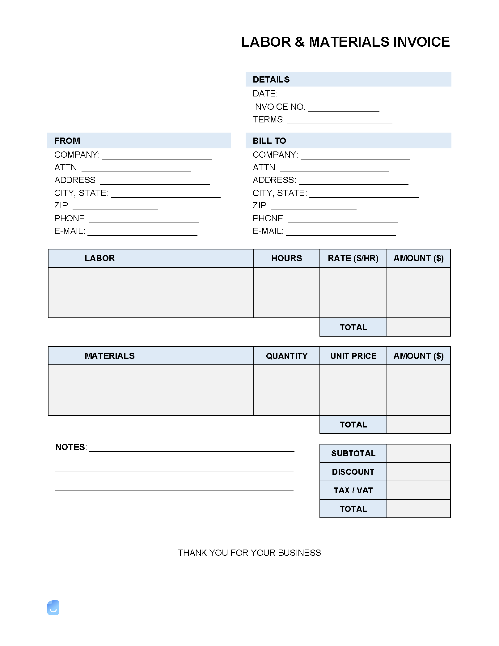 sample labor and materials invoice template