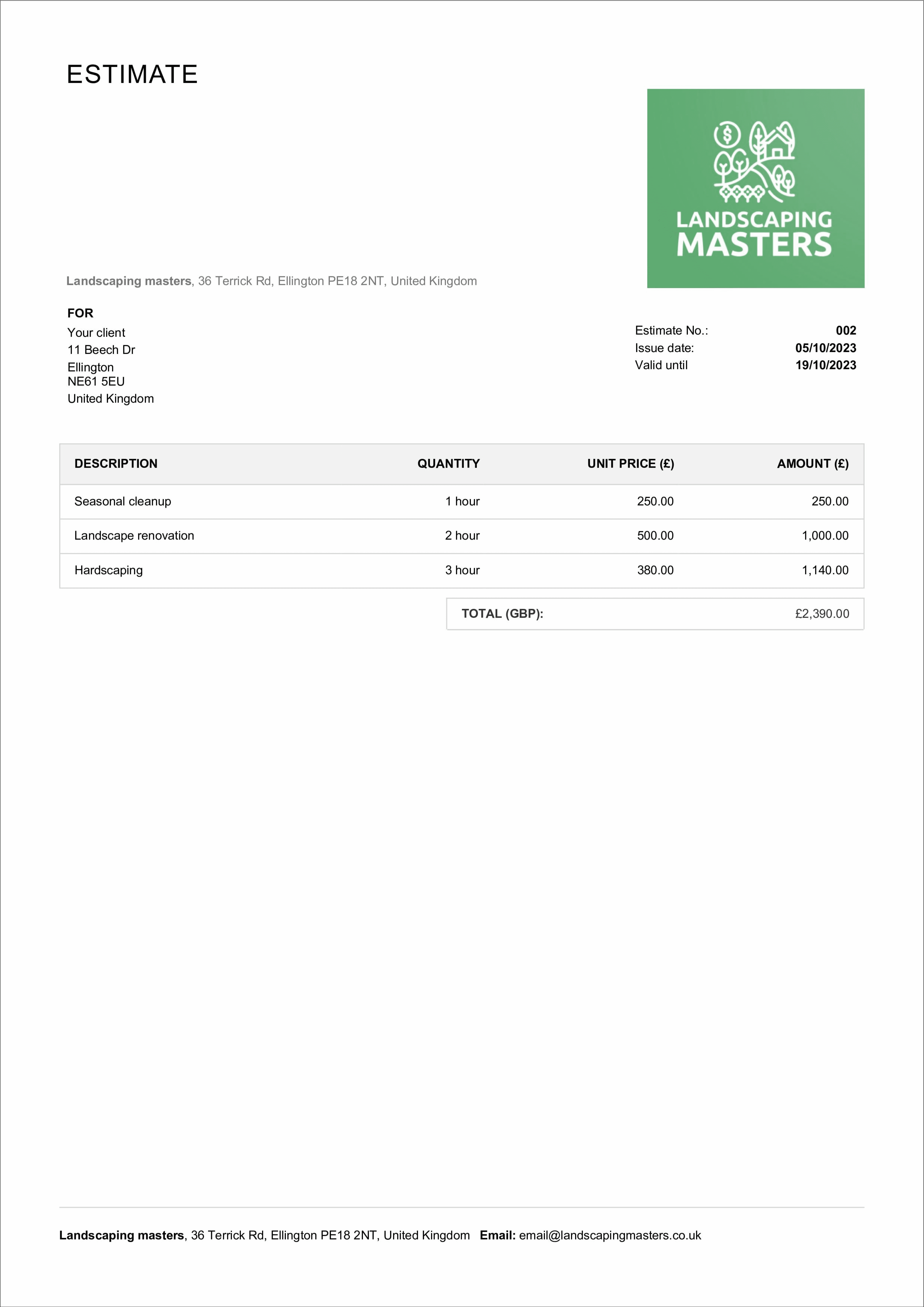 sample landscape estimate template