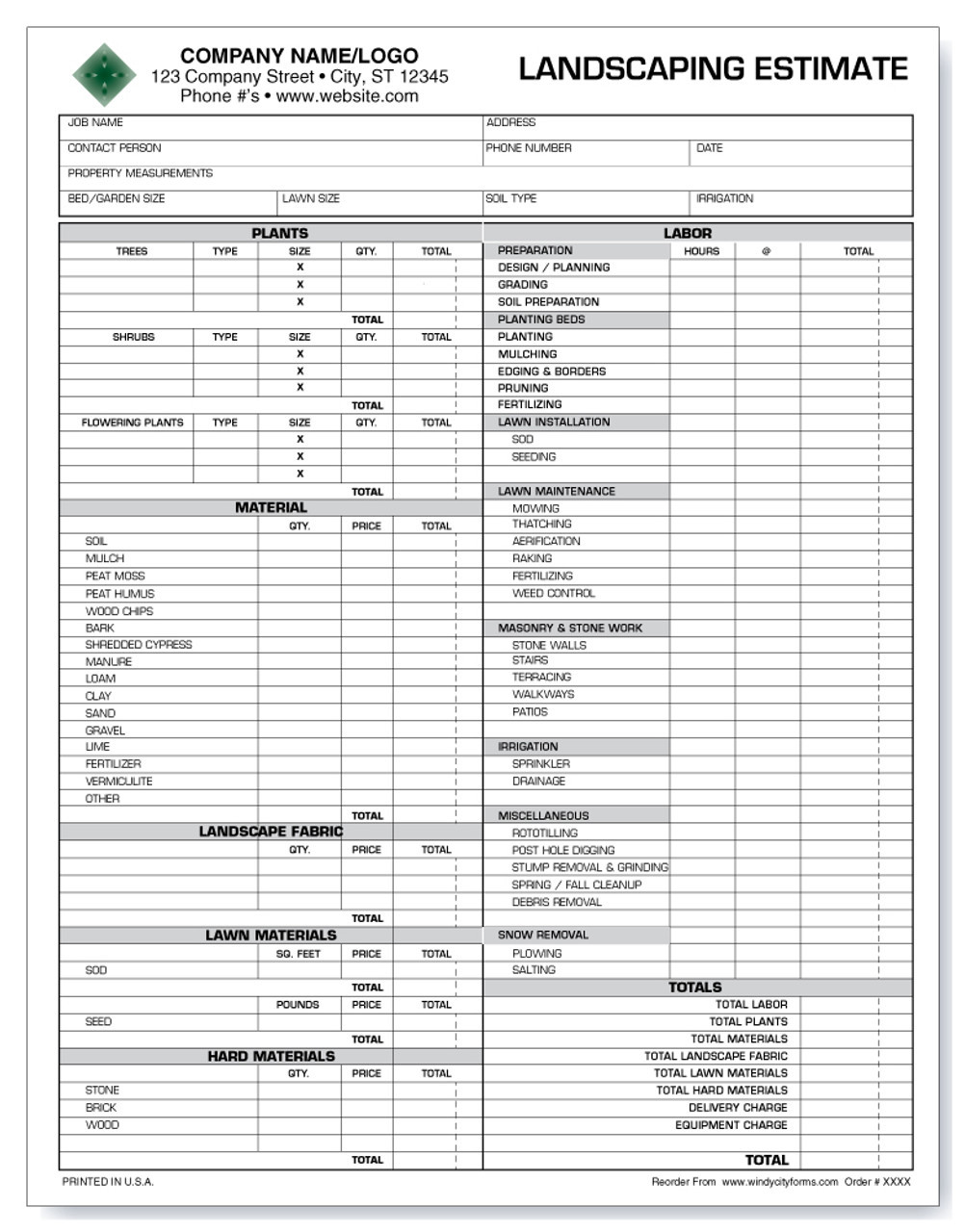 sample landscape estimate template