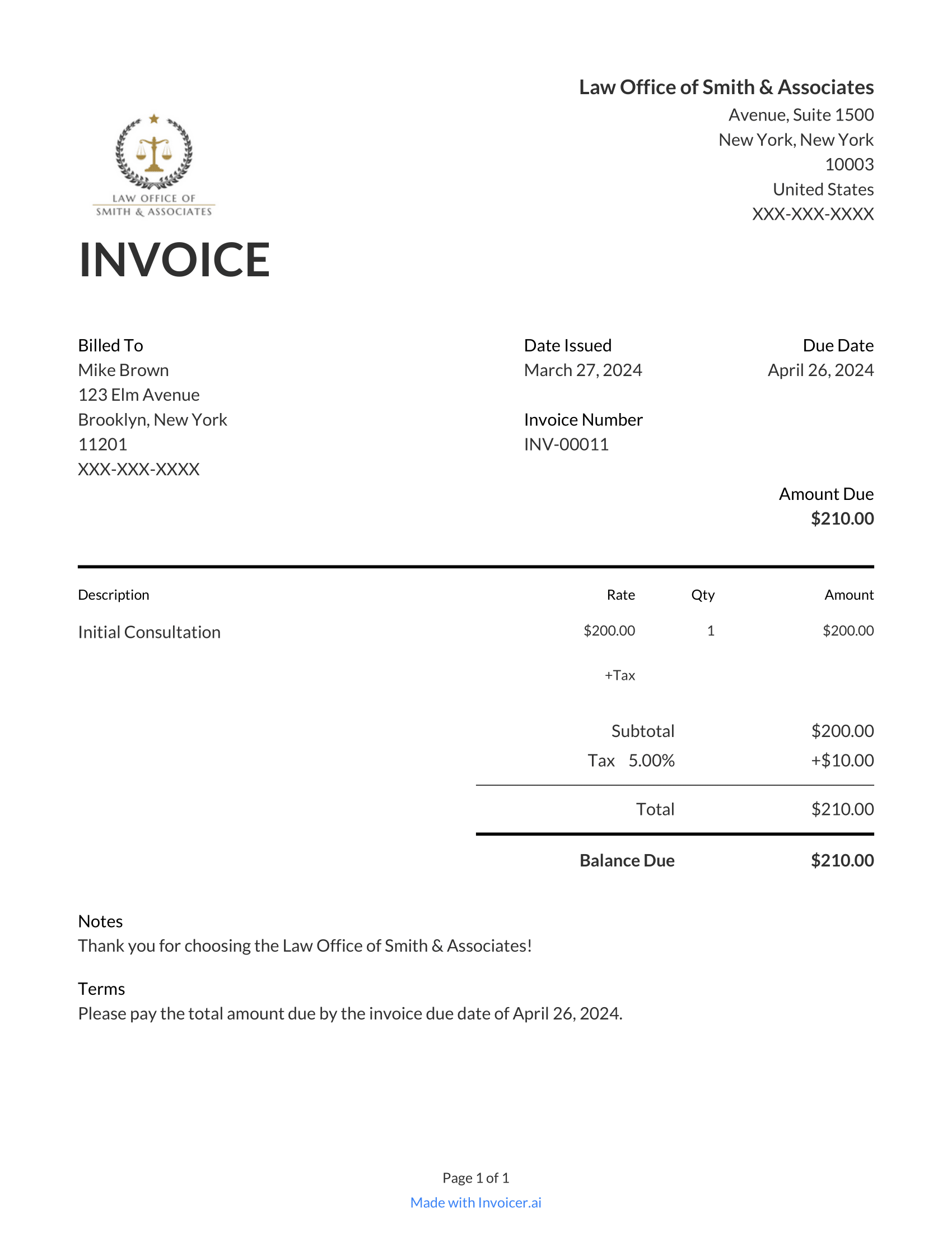 sample legal service invoice template