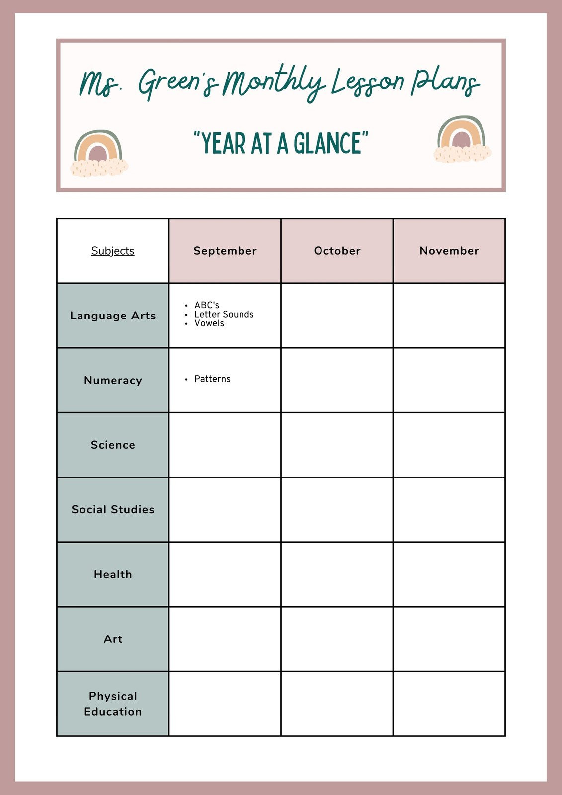 sample monthly lesson planner template